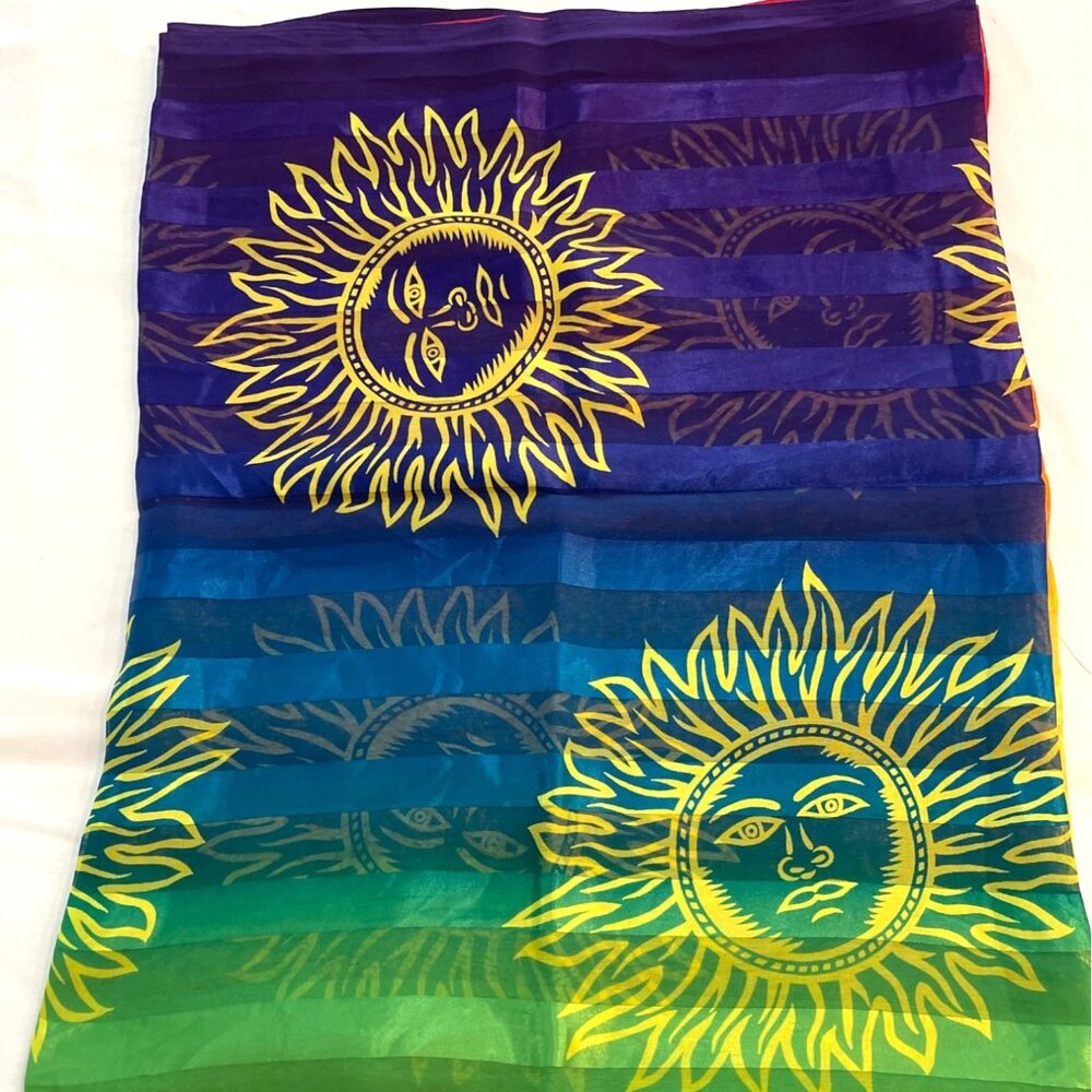 VTG 90s Boho Celestial Sun Sarong Rainbow Stripe Swimsuit Beach Cover up Wrap - Picture 11 of 12